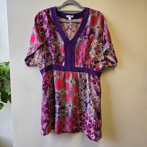 Garnet Hill Womens 12 Dressy Office Career Floral Silk Tunic Babydoll Top V-Neck